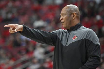 Dec 14, 2022; Louisville, Kentucky, USA;  Louisville Cardinals head coach Kenny Payne calls out instructions during the first half against the Western Kentucky Hilltoppers at KFC Yum! Center. Mandatory Credit: Jamie Rhodes-USA TODAY Sports