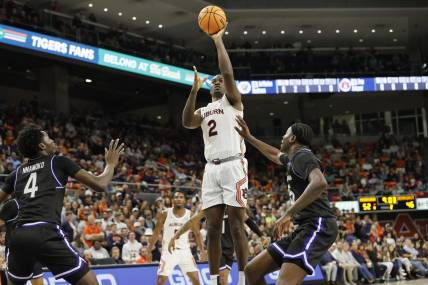 Dec 14, 2022; Auburn, Alabama, USA;  Auburn Tigers forward Jaylin Williams (2) takes a shot against the Georgia State Panthers during the second half at Neville Arena. Mandatory Credit: John Reed-USA TODAY Sports