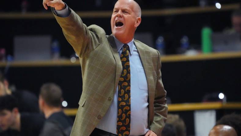 Dec 15, 2022; Boulder, Colorado, USA; Colorado Buffaloes head coach Tad Boyle calls out in the first half against the North Alabama Lions at the CU Events Center. Mandatory Credit: Ron Chenoy-USA TODAY Sports