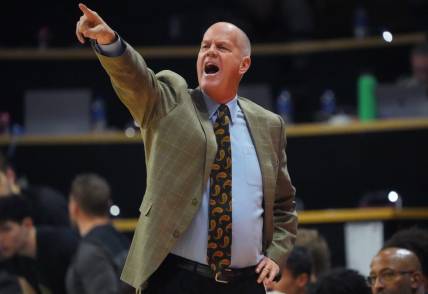 Dec 15, 2022; Boulder, Colorado, USA; Colorado Buffaloes head coach Tad Boyle calls out in the first half against the North Alabama Lions at the CU Events Center. Mandatory Credit: Ron Chenoy-USA TODAY Sports