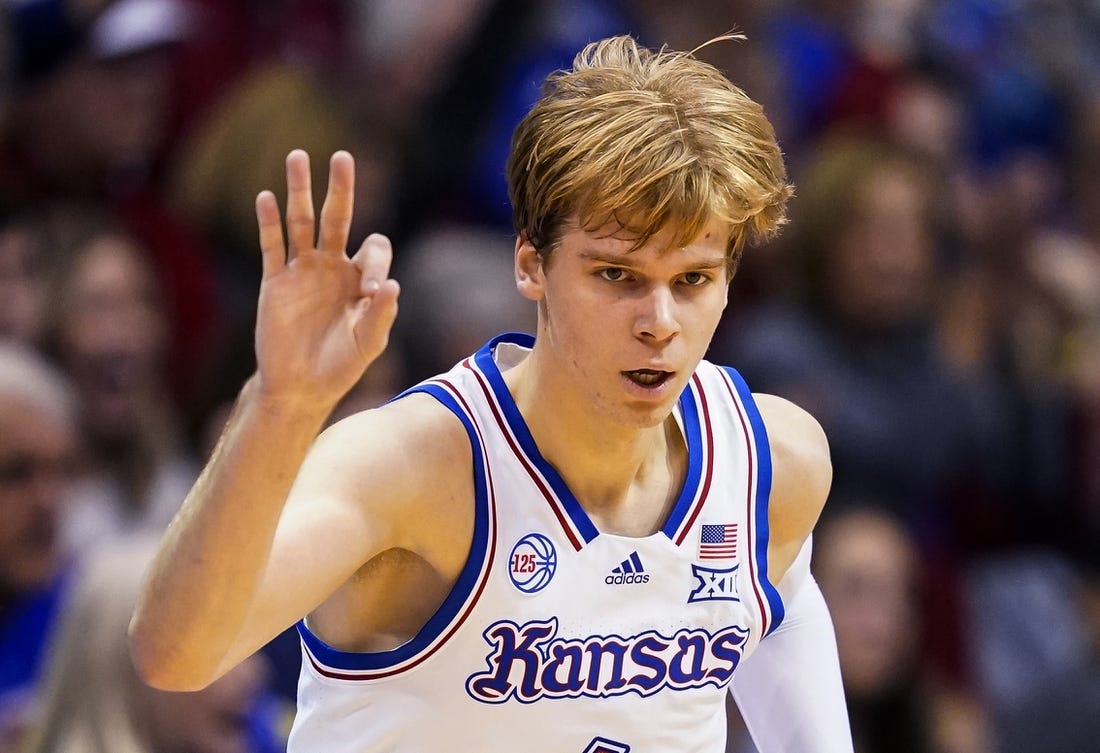 Dec 17, 2022; Lawrence, Kansas, USA; Kansas Jayhawks guard Gradey Dick (4) celebrates after scoring during the first half against the Indiana Hoosiers at Allen Fieldhouse. Mandatory Credit: Jay Biggerstaff-USA TODAY Sports
