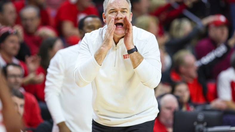 Dec 17, 2022; Piscataway, New Jersey, USA; Rutgers Scarlet Knights head coach Steve Pikiell coaches during the second half against the Wake Forest Demon Deacons at Jersey Mike's Arena. Mandatory Credit: Vincent Carchietta-USA TODAY Sports