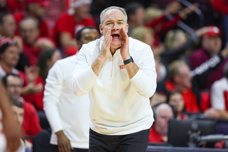 Dec 17, 2022; Piscataway, New Jersey, USA; Rutgers Scarlet Knights head coach Steve Pikiell coaches during the second half against the Wake Forest Demon Deacons at Jersey Mike's Arena. Mandatory Credit: Vincent Carchietta-USA TODAY Sports