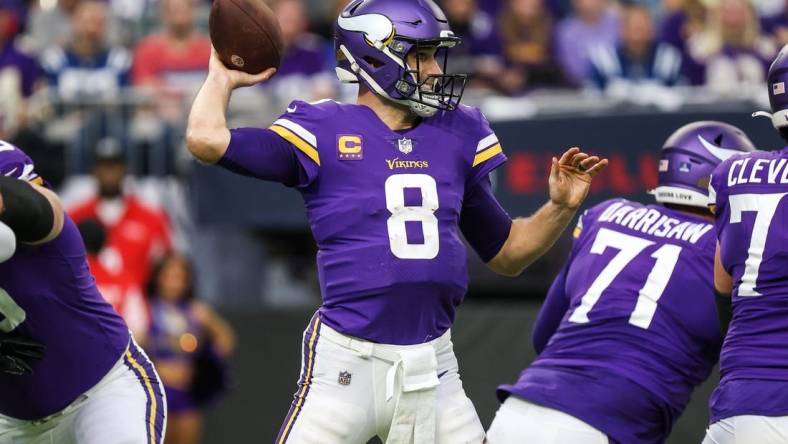 Dec 17, 2022; Minneapolis, Minnesota, USA; Minnesota Vikings quarterback Kirk Cousins (8) throws the ball against the Indianapolis Colts during the second quarter at U.S. Bank Stadium. Mandatory Credit: Matt Krohn-USA TODAY Sports