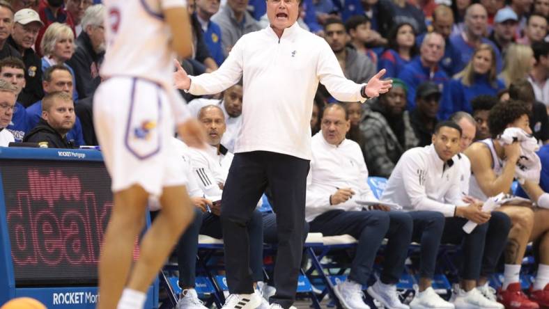 Kansas head coach Bill Self yells out to his players during the first half of Saturday's game against Indiana inside Allen Fieldhouse.