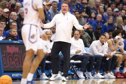 Kansas head coach Bill Self yells out to his players during the first half of Saturday's game against Indiana inside Allen Fieldhouse.