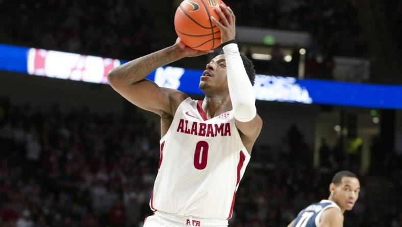 Dec 17, 2022; Birmingham, Alabama, USA;  Alabama Crimson Tide guard Jaden Bradley (0) shoots against Gonzaga Bulldogs during the first half at Legacy Arena at BJCC. Mandatory Credit: Marvin Gentry-USA TODAY Sports