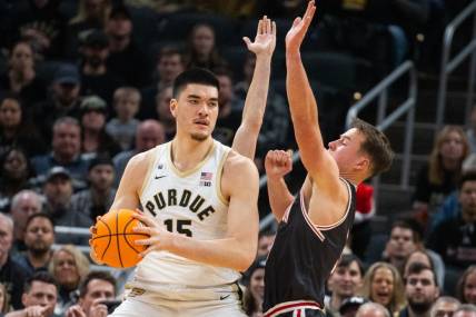Dec 17, 2022; Indianapolis, Indiana, USA; Purdue Boilermakers center Zach Edey (15) looks to shoot the ball while Davidson Wildcats forward Sam Mennenga (3) defends in the first half  at Gainbridge Fieldhouse. Mandatory Credit: Trevor Ruszkowski-USA TODAY Sports