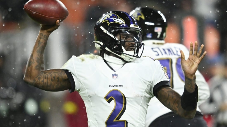 Dec 17, 2022; Cleveland, Ohio, USA; Baltimore Ravens quarterback Tyler Huntley (2) throws a pass during the second half against the Cleveland Browns at FirstEnergy Stadium. Mandatory Credit: Ken Blaze-USA TODAY Sports