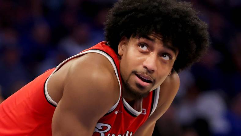 Dec 17, 2022; New York, New York, USA; Ohio State Buckeyes forward Justice Sueing (14) reacts during overtime against the North Carolina Tar Heels at Madison Square Garden. Mandatory Credit: Brad Penner-USA TODAY Sports