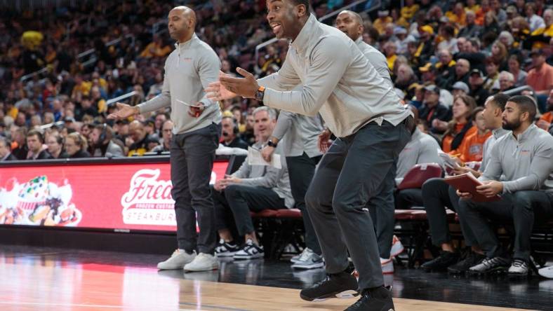 Dec 17, 2022; Wichita, Kansas, USA; Oklahoma State Cowboys coach Mike Boynton Jr gives instruction from the side lines during the first half against the Wichita State Shockers at INTRUST Bank Arena. Mandatory Credit: William Purnell-USA TODAY Sports