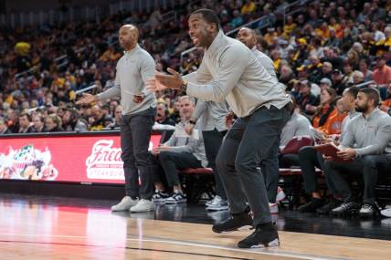 Dec 17, 2022; Wichita, Kansas, USA; Oklahoma State Cowboys coach Mike Boynton Jr gives instruction from the side lines during the first half against the Wichita State Shockers at INTRUST Bank Arena. Mandatory Credit: William Purnell-USA TODAY Sports