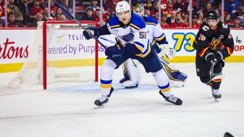 Dec 16, 2022; Calgary, Alberta, CAN; St. Louis Blues defenseman Colton Parayko (55) against the Calgary Flames during the second period at Scotiabank Saddledome. Mandatory Credit: Sergei Belski-USA TODAY Sports