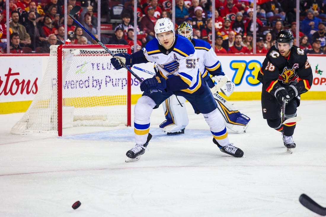 Dec 16, 2022; Calgary, Alberta, CAN; St. Louis Blues defenseman Colton Parayko (55) against the Calgary Flames during the second period at Scotiabank Saddledome. Mandatory Credit: Sergei Belski-USA TODAY Sports