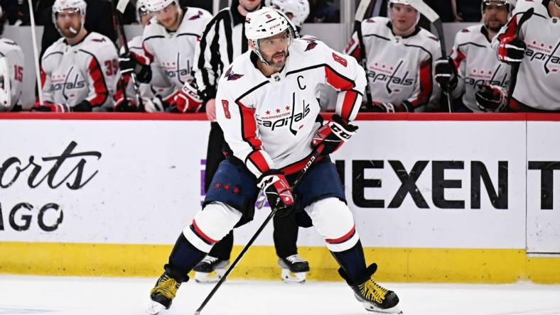 Dec 13, 2022; Chicago, Illinois, USA;  Washington Capitals forward Alex Ovechkin (8) skates against the Chicago Blackhawks at United Center. Mandatory Credit: Jamie Sabau-USA TODAY Sports