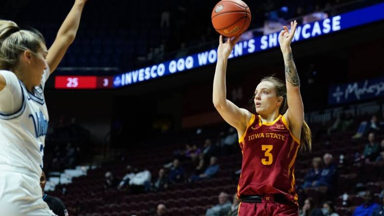 Dec 18, 2022; Uncasville, Connecticut, USA; Iowa State Cyclones guard Denae Fritz (3) shoots against the Villanova Wildcats during the second half at Mohegan Sun Arena. Mandatory Credit: David Butler II-USA TODAY Sports