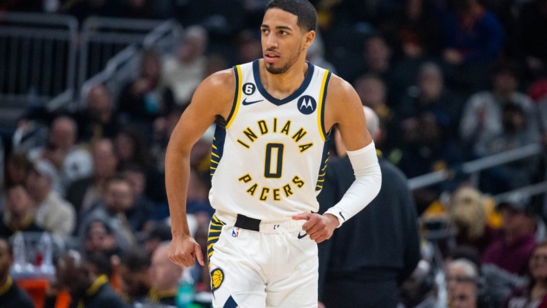 Dec 18, 2022; Indianapolis, Indiana, USA;Indiana Pacers guard Tyrese Haliburton (0) in the second quarter against the New York Knicks at Gainbridge Fieldhouse. Mandatory Credit: Trevor Ruszkowski-USA TODAY Sports