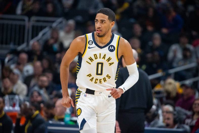 Dec 18, 2022; Indianapolis, Indiana, USA;Indiana Pacers guard Tyrese Haliburton (0) in the second quarter against the New York Knicks at Gainbridge Fieldhouse. Mandatory Credit: Trevor Ruszkowski-USA TODAY Sports