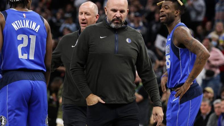 Dec 19, 2022; Minneapolis, Minnesota, USA; Dallas Mavericks head coach Jason Kidd reacts after being ejected from the game during the third quarter against the Minnesota Timberwolves at Target Center. Mandatory Credit: Matt Krohn-USA TODAY Sports