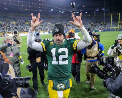 Green Bay Packers quarterback Aaron Rodgers (12) gestures to fans as he leaves the field after a game against the Los Angeles Rams on Monday, December 19, 2022, at Lambeau Field in Green Bay, Wis. The Packers won the game, 24-12.Tork Mason/USA TODAY NETWORK-Wisconsin

Apj Packers Vs Rams 121922 1788 Ttm