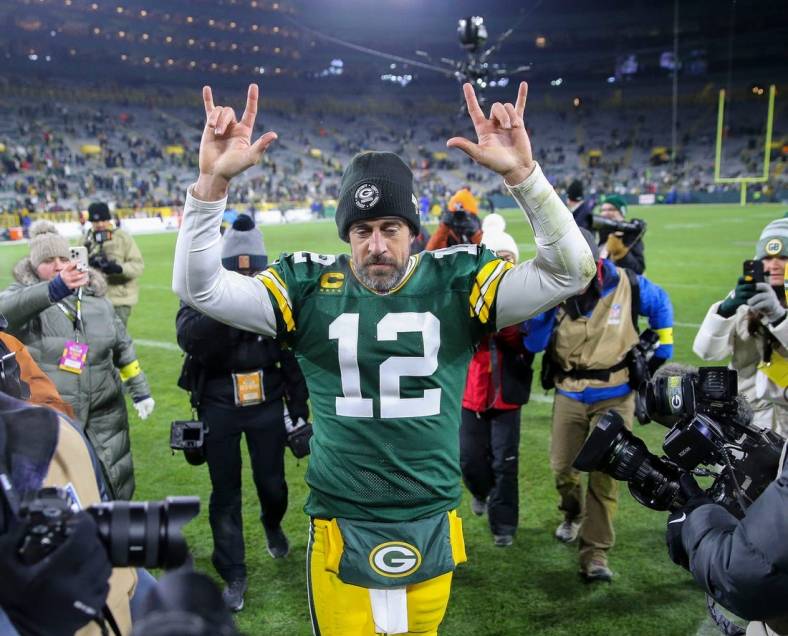 Green Bay Packers quarterback Aaron Rodgers (12) gestures to fans as he leaves the field after a game against the Los Angeles Rams on Monday, December 19, 2022, at Lambeau Field in Green Bay, Wis. The Packers won the game, 24-12.Tork Mason/USA TODAY NETWORK-Wisconsin

Apj Packers Vs Rams 121922 1788 Ttm