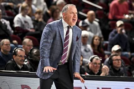 Dec 20, 2022; College Station, Texas, USA; Texas A&M Aggies head coach Buzz Williams reacts during the first half against the Wofford Terriers at Reed Arena. Mandatory Credit: Maria Lysaker-USA TODAY Sports