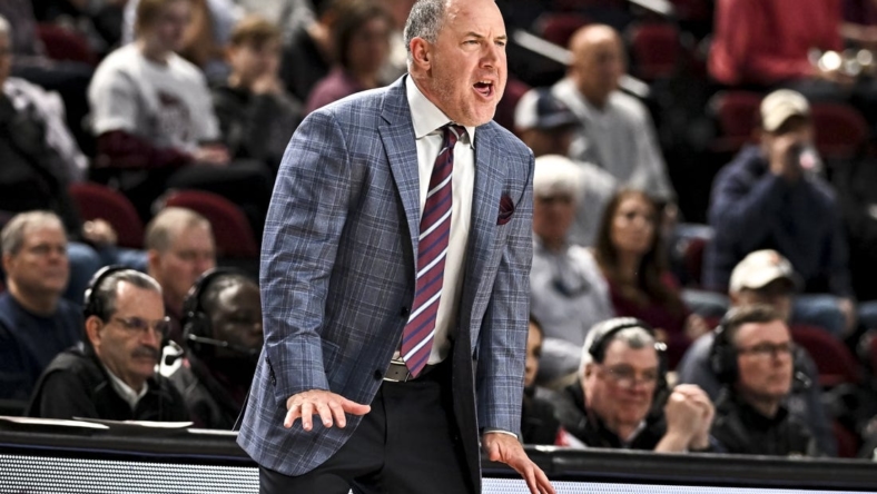 Dec 20, 2022; College Station, Texas, USA; Texas A&M Aggies head coach Buzz Williams reacts during the first half against the Wofford Terriers at Reed Arena. Mandatory Credit: Maria Lysaker-USA TODAY Sports