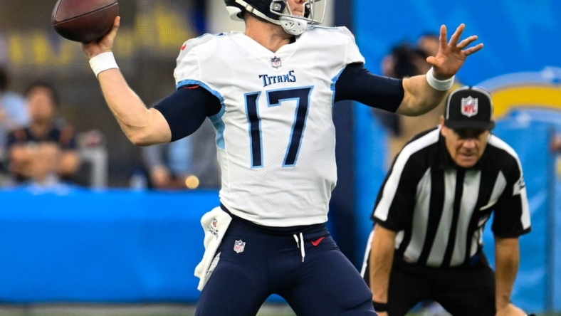Dec 18, 2022; Inglewood, California, USA; Tennessee Titans quarterback Ryan Tannehill (17) throws a pass during the fourth quarter against the Los Angeles Chargers at SoFi Stadium. Mandatory Credit: Robert Hanashiro-USA TODAY Sports