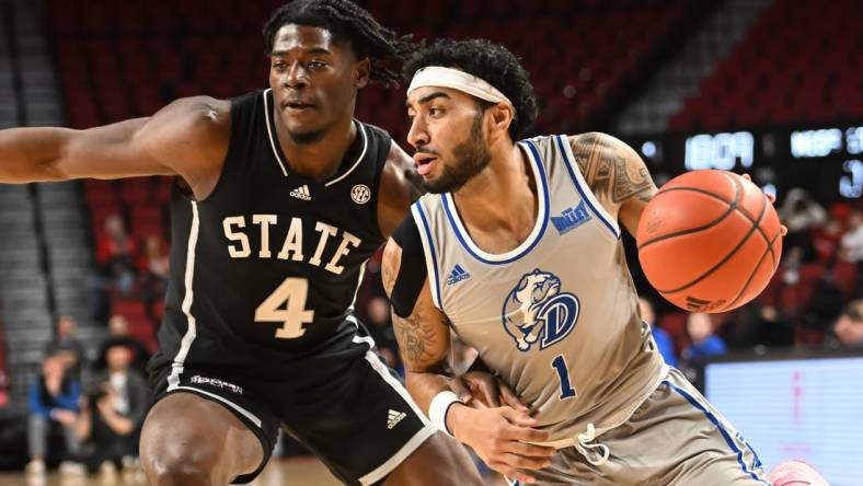 Dec 20, 2022; Lincoln, Nebraska, USA;  Drake Bulldogs guard Roman Penn (1) drives against Mississippi State Bulldogs guard Cameron Matthews (4) in the first half at Pinnacle Bank Arena. Mandatory Credit: Steven Branscombe-USA TODAY Sports