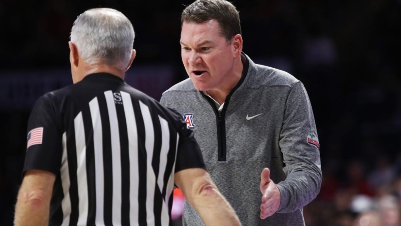 Dec 20, 2022; Tucson, Arizona, USA; Arizona Wildcats Head Coach Tommy Lloyd argues with the ref in the first half at McKale Center. Mandatory Credit: Zachary BonDurant-USA TODAY Sports