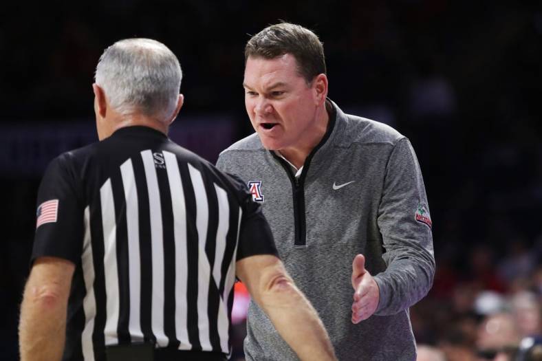 Dec 20, 2022; Tucson, Arizona, USA; Arizona Wildcats Head Coach Tommy Lloyd argues with the ref in the first half at McKale Center. Mandatory Credit: Zachary BonDurant-USA TODAY Sports