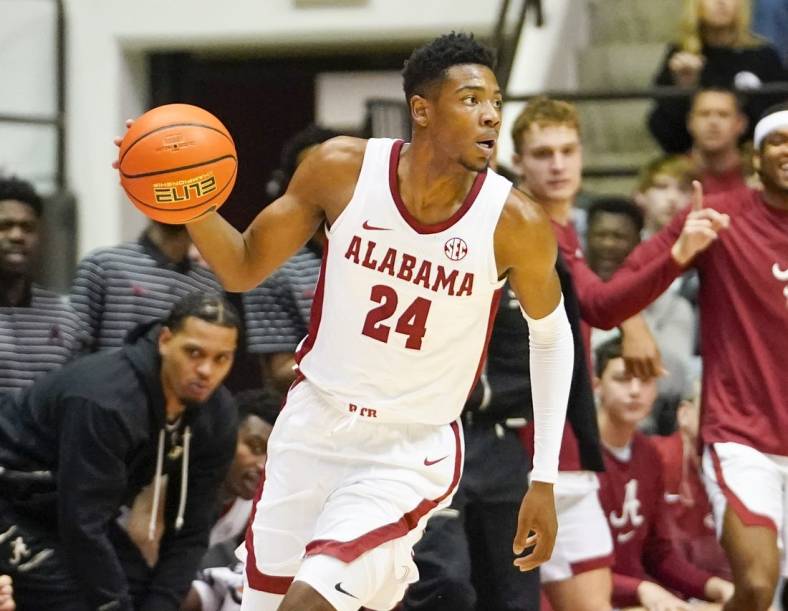 Dec 20, 2022; Tuscaloosa, Alabama, USA; Alabama Crimson Tide forward Brandon Miller (24) during the first half against the Jackson State Tigers at Coleman Coliseum. Mandatory Credit: Marvin Gentry-USA TODAY Sports