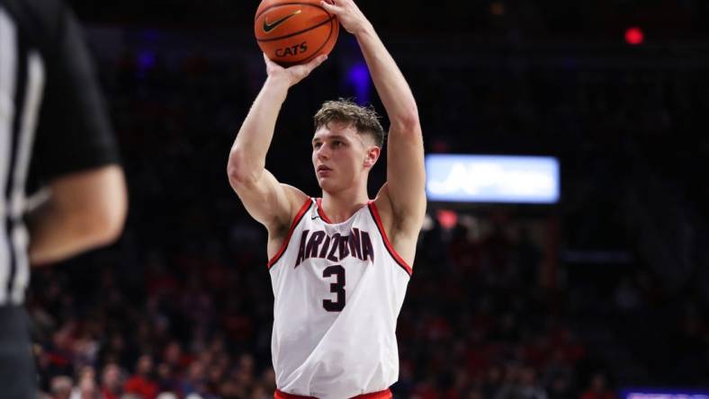 Dec 20, 2022; Tucson, Arizona, USA;Arizona Wildcats guard Pelle Larsson (3) makes a foul shot in the second half at McKale Center. Mandatory Credit: Zachary BonDurant-USA TODAY Sports