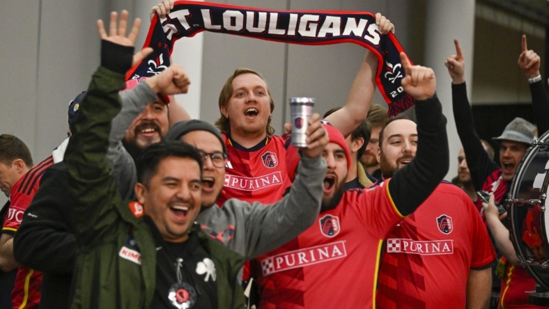 Dec 21, 2022; St. Louis, MO, USA; A general view as fans celebrate after St. Louis City SC selected midfielder Owen O Malley with the ninth overall pick during the MLS SuperDraft 2023 at CITYPARK. Mandatory Credit: Jeff Curry-USA TODAY Sports