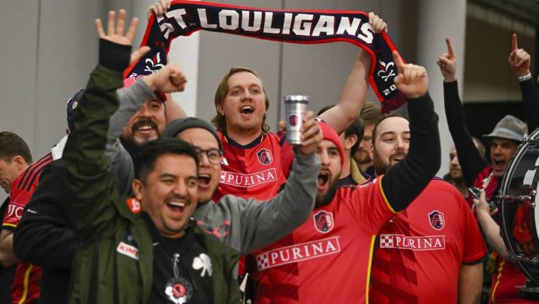 Dec 21, 2022; St. Louis, MO, USA; A general view as fans celebrate after St. Louis City SC selected midfielder Owen O Malley with the ninth overall pick during the MLS SuperDraft 2023 at CITYPARK. Mandatory Credit: Jeff Curry-USA TODAY Sports