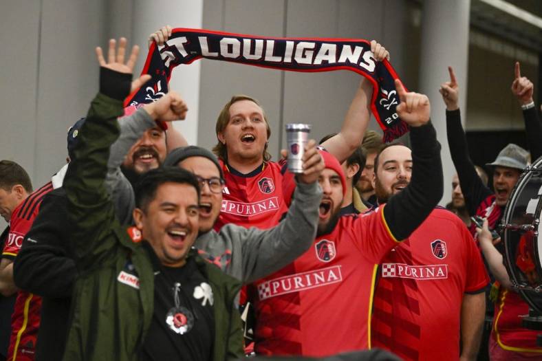 Dec 21, 2022; St. Louis, MO, USA; A general view as fans celebrate after St. Louis City SC selected midfielder Owen O Malley with the ninth overall pick during the MLS SuperDraft 2023 at CITYPARK. Mandatory Credit: Jeff Curry-USA TODAY Sports