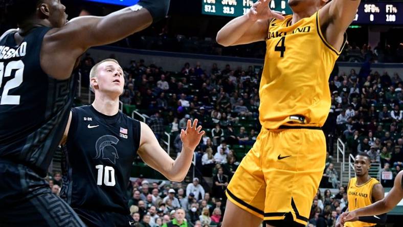 Dec 21, 2022; East Lansing, Michigan, USA;  Oakland Golden Grizzlies forward Trey Townsend (4) looks for a shot past Michigan State Spartans center Mady Sissoko (22) at Jack Breslin Student Events Center. Mandatory Credit: Dale Young-USA TODAY Sports