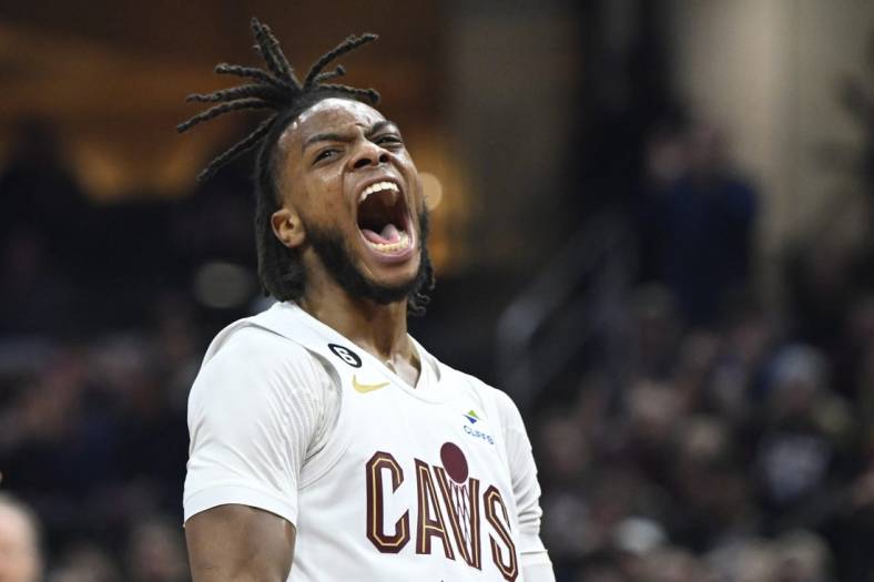 Dec 21, 2022; Cleveland, Ohio, USA; Cleveland Cavaliers guard Darius Garland (10) reacts after scoring in the second quarter against the Milwaukee Bucks at Rocket Mortgage FieldHouse. Mandatory Credit: David Richard-USA TODAY Sports