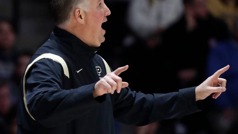 Purdue Boilermakers head coach Matt Painter yells down court during the NCAA men   s basketball game against the New Orleans Privateers, Wednesday, Dec. 21, 2022, at Mackey Arena in West Lafayette, Ind. Purdue won 74-53.

Purduenombb122122 Am00105
