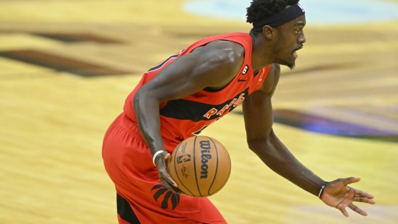 Dec 23, 2022; Cleveland, Ohio, USA; Toronto Raptors forward Pascal Siakam (43) dribbles the ball in the first quarter against the Cleveland Cavaliers at Rocket Mortgage FieldHouse. Mandatory Credit: David Richard-USA TODAY Sports