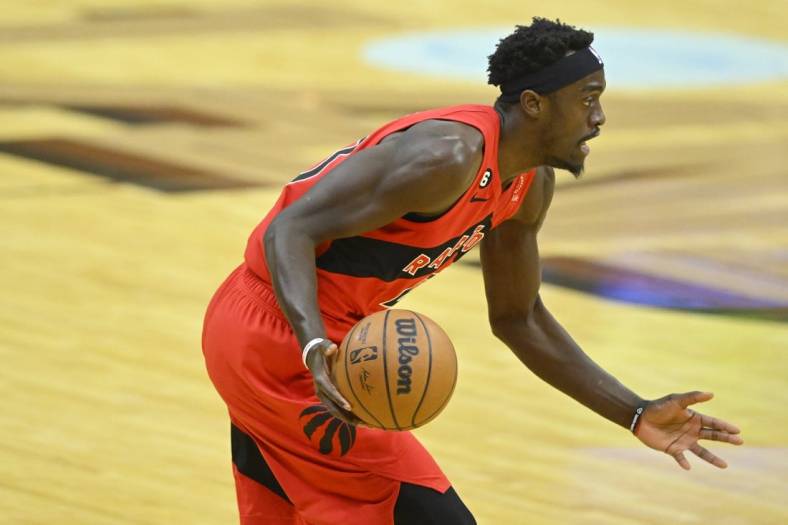 Dec 23, 2022; Cleveland, Ohio, USA; Toronto Raptors forward Pascal Siakam (43) dribbles the ball in the first quarter against the Cleveland Cavaliers at Rocket Mortgage FieldHouse. Mandatory Credit: David Richard-USA TODAY Sports