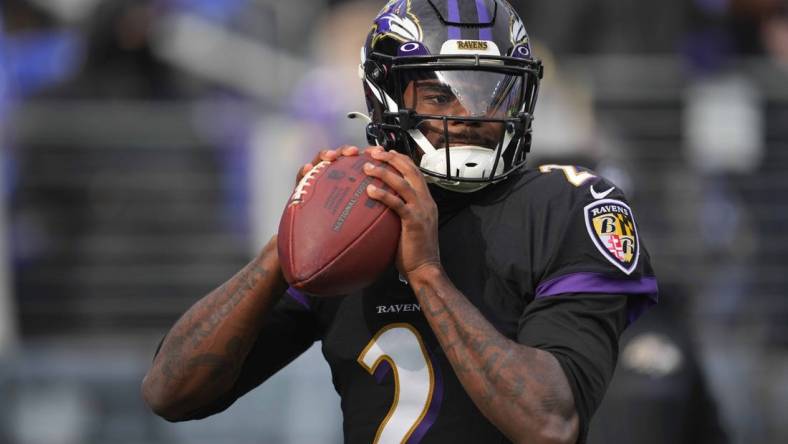 Dec 24, 2022; Baltimore, Maryland, USA; Baltimore Ravens quarterback Tyler Huntley (2) warms up prior to the game against the Atlanta Falcons at M&T Bank Stadium. Mandatory Credit: Mitch Stringer-USA TODAY Sports