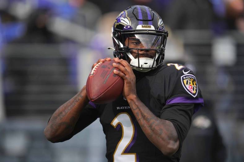 Dec 24, 2022; Baltimore, Maryland, USA; Baltimore Ravens quarterback Tyler Huntley (2) warms up prior to the game against the Atlanta Falcons at M&T Bank Stadium. Mandatory Credit: Mitch Stringer-USA TODAY Sports