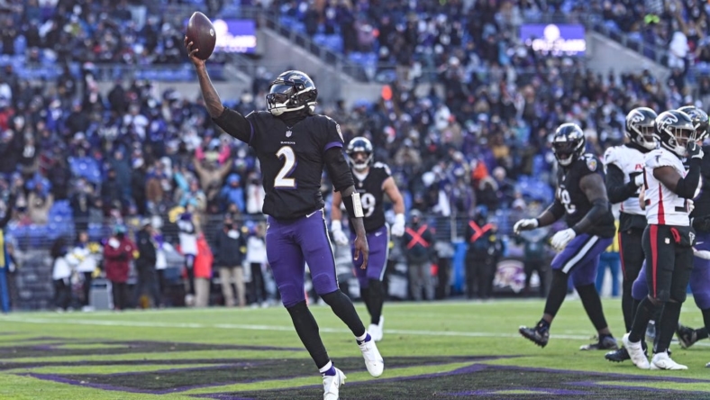 Dec 24, 2022; Baltimore, Maryland, USA;  Baltimore Ravens quarterback Tyler Huntley (2) reacts after scoring a two point conversion during the first half against the Atlanta Falcons at M&T Bank Stadium. Mandatory Credit: Tommy Gilligan-USA TODAY Sports