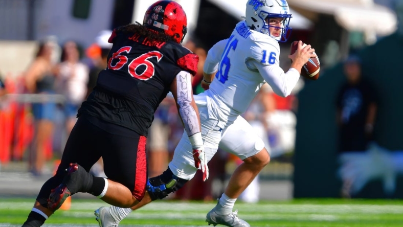 Dec 24, 2022; Honolulu, HI, USA; San Diego State Aztecs defensive lineman Jonah Tavai (66) chases down Middle Tennessee Blue Raiders quarterback Chase Cunningham (16) for a sack during the first quarter at Ching Complex. Mandatory Credit: Steven Erler-USA TODAY Sports