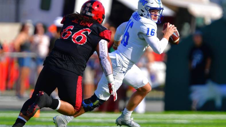 Dec 24, 2022; Honolulu, HI, USA; San Diego State Aztecs defensive lineman Jonah Tavai (66) chases down Middle Tennessee Blue Raiders quarterback Chase Cunningham (16) for a sack during the first quarter at Ching Complex. Mandatory Credit: Steven Erler-USA TODAY Sports