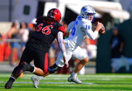 Dec 24, 2022; Honolulu, HI, USA; San Diego State Aztecs defensive lineman Jonah Tavai (66) chases down Middle Tennessee Blue Raiders quarterback Chase Cunningham (16) for a sack during the first quarter at Ching Complex. Mandatory Credit: Steven Erler-USA TODAY Sports