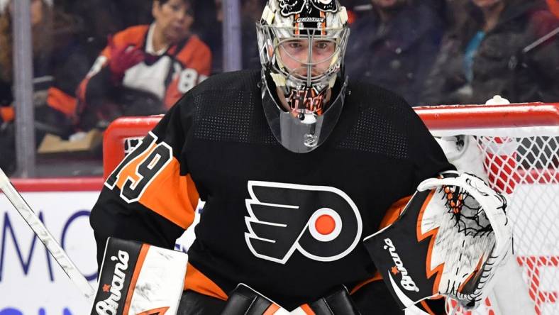 Dec 17, 2022; Philadelphia, Pennsylvania, USA; Philadelphia Flyers goaltender Carter Hart (79) against the New York Rangers at Wells Fargo Center. Mandatory Credit: Eric Hartline-USA TODAY Sports