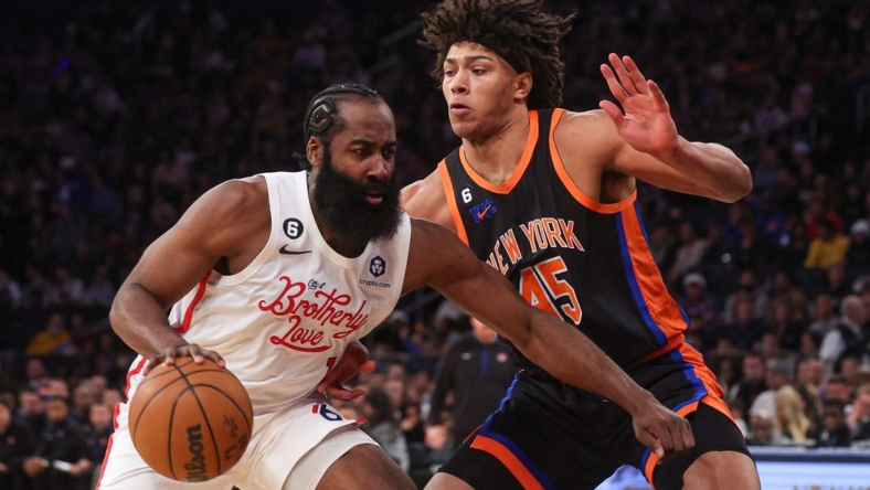 Dec 25, 2022; New York, New York, USA; Philadelphia 76ers guard James Harden (1) dribbles against New York Knicks center Jericho Sims (45) during the first half at Madison Square Garden. Mandatory Credit: Vincent Carchietta-USA TODAY Sports
