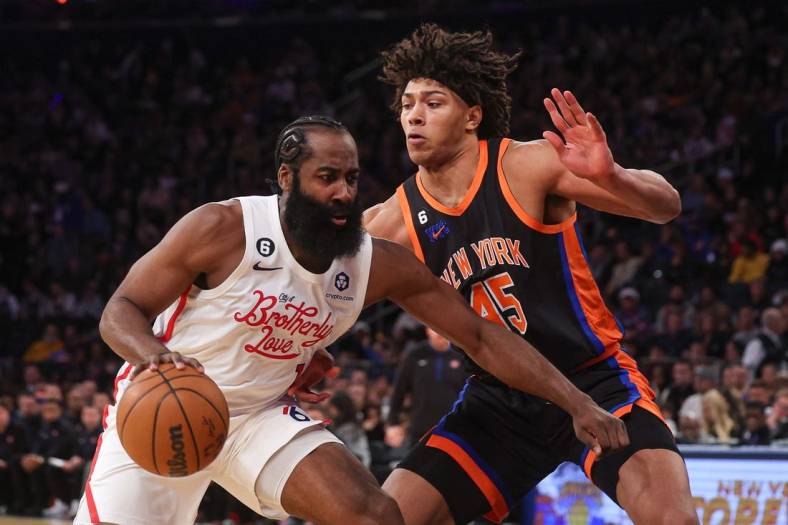 Dec 25, 2022; New York, New York, USA; Philadelphia 76ers guard James Harden (1) dribbles against New York Knicks center Jericho Sims (45) during the first half at Madison Square Garden. Mandatory Credit: Vincent Carchietta-USA TODAY Sports
